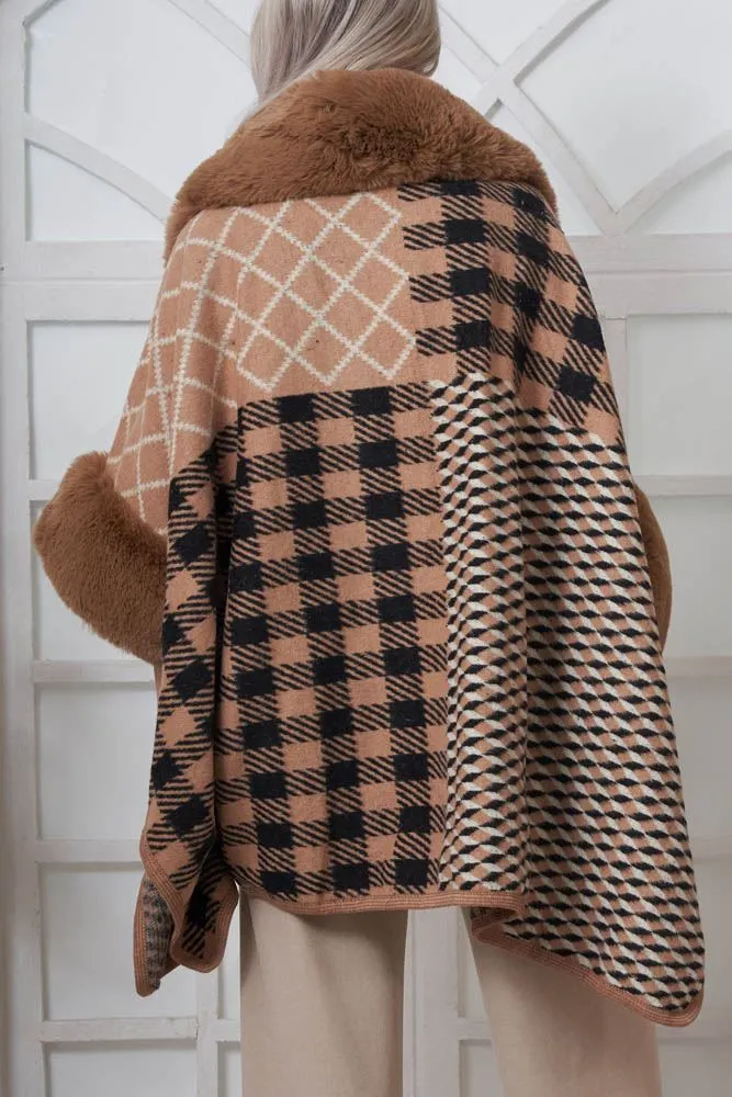 Check Pattern Faux Fur Wrap Over Poncho