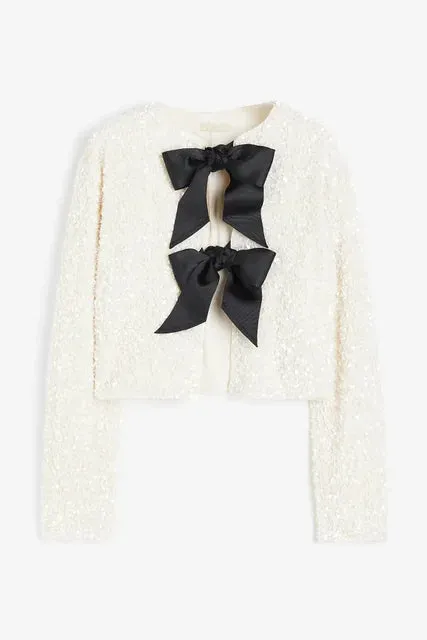 Chic Short Sequin Jacket With Bow