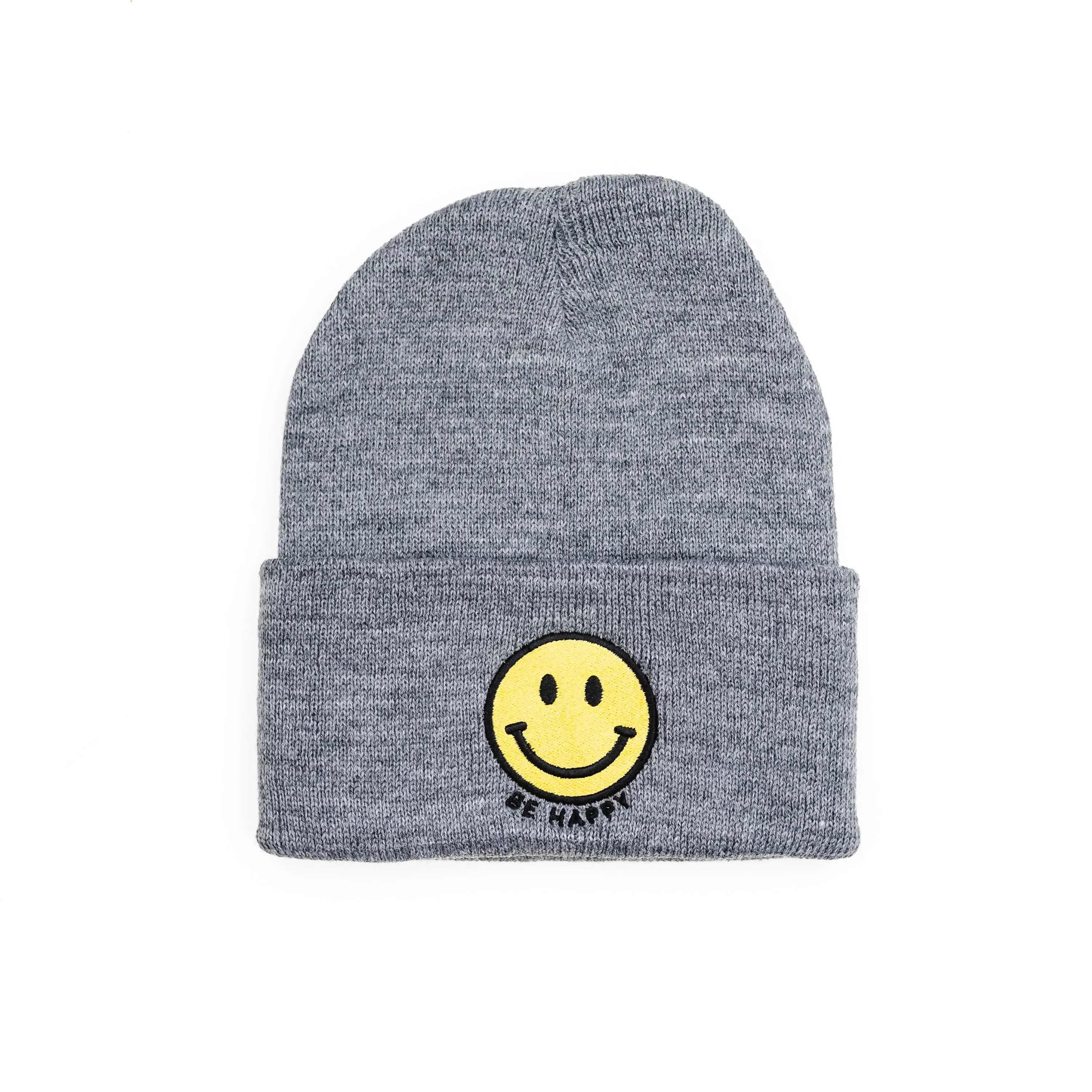 Child Beanie - BE HAPPY - Gray w/ Yellow Smiley