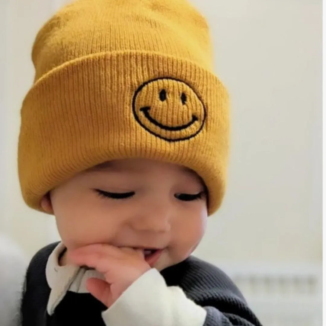 Child Beanie - Smiley Face - Mustard w/ Black