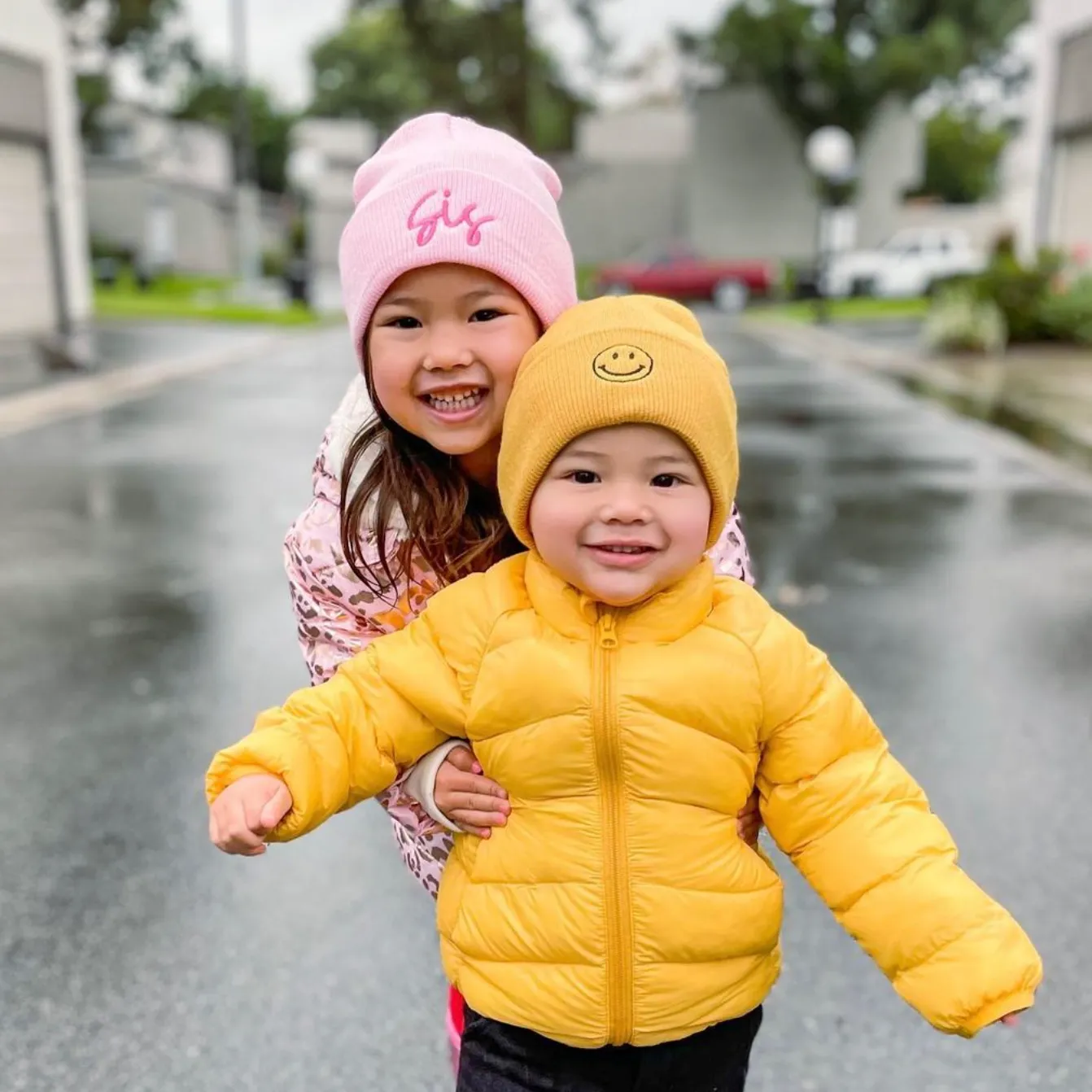 Child Beanie - Smiley Face - Mustard w/ Black