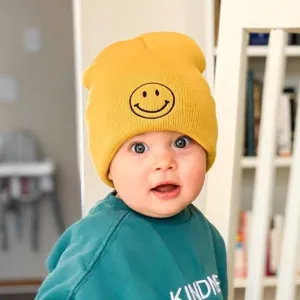 Child Beanie - Smiley Face - Mustard w/ Black