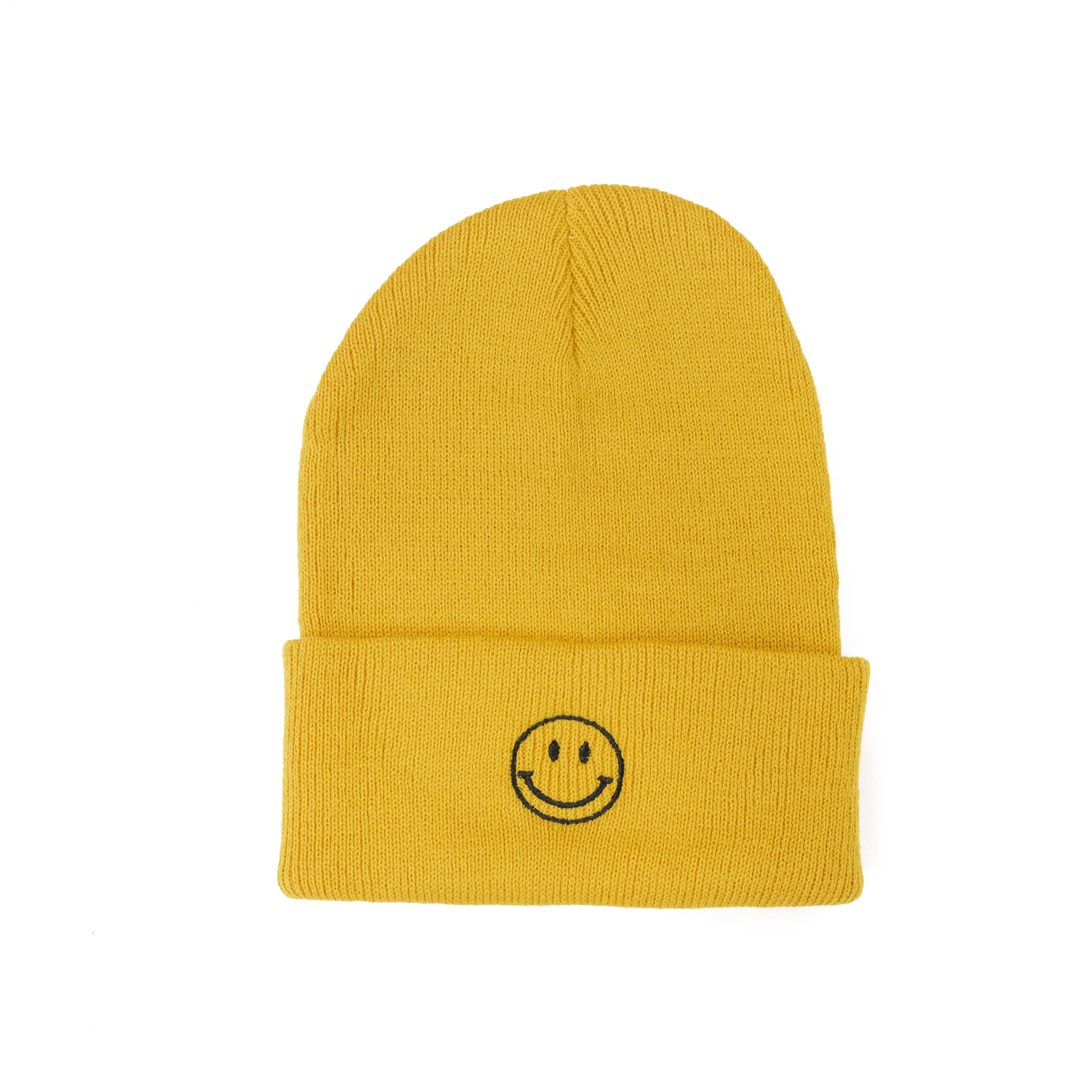 Child Beanie - Smiley Face - Mustard w/ Black