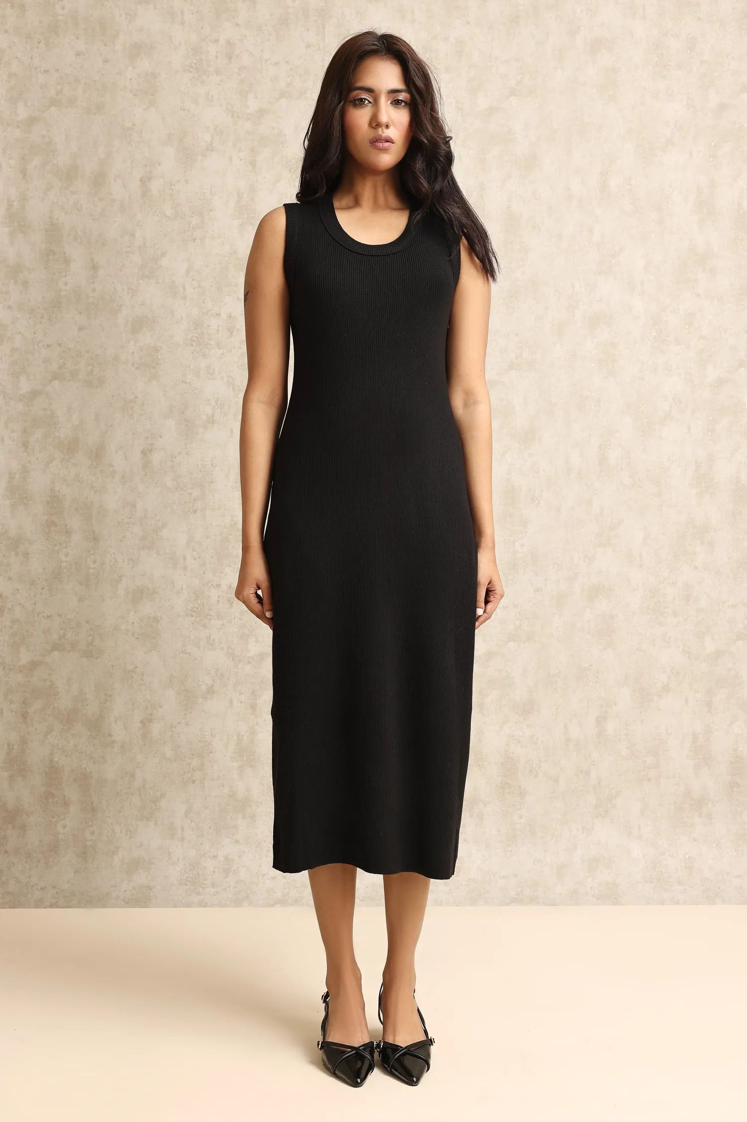 CLASSIC RIBBED SLEEVELESS DRESS-BLACK