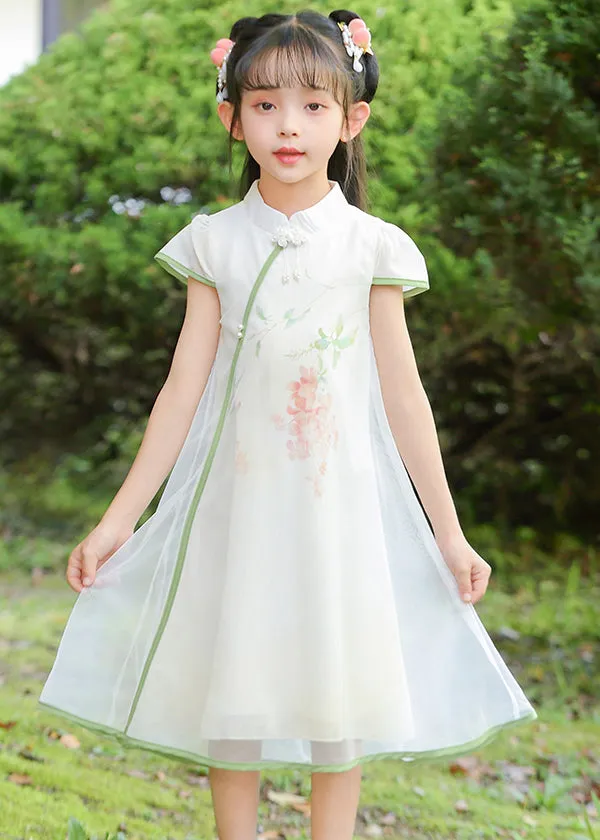 Classy White Stand Collar Print Tulle Girls Maxi Dresses Summer MN025