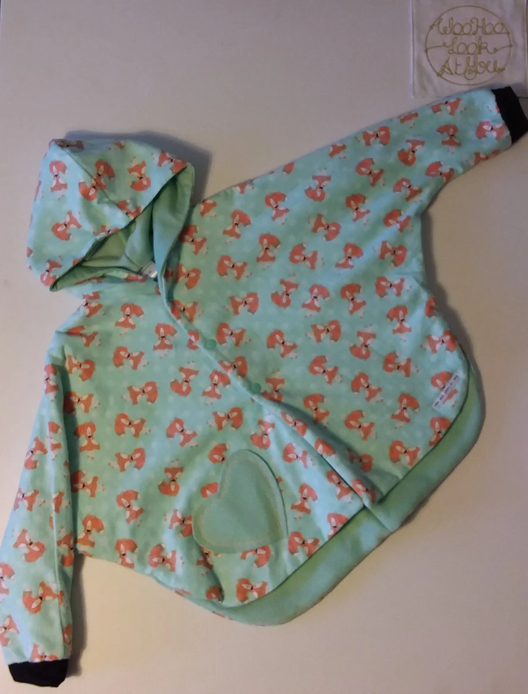 Coat - Poncho Coat/Jacket - Mint Green Lined, Fox Print, Hooded with Mint Green Heart Shape Pocket and Black Cuffs