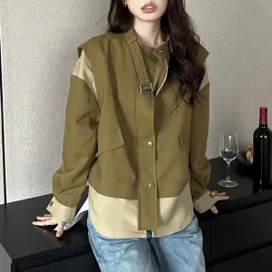 Colorblock Casual Jackets For Women Round Neck Long Sleeve Patchwork Pockets Loose Jacket Female Fashion Clothes