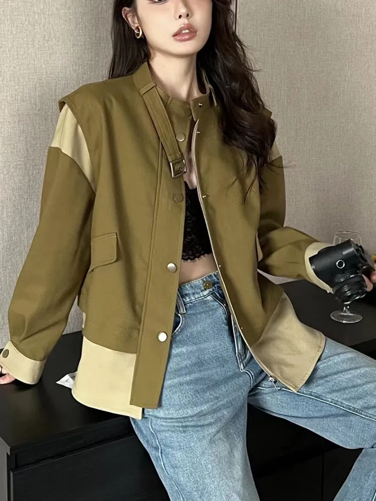 Colorblock Casual Jackets For Women Round Neck Long Sleeve Patchwork Pockets Loose Jacket Female Fashion Clothes