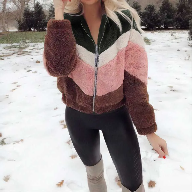 Colorblock Rainbow Chevron Fuzzy Faux Fur Jacket