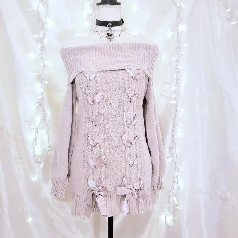 Cottage Fairy 00s Vintage Knitted Dress Japanese Off Shoulder Pullovers Mini Dress Fairy Y2K Kawaii Tie Up Retro Sweater Dress