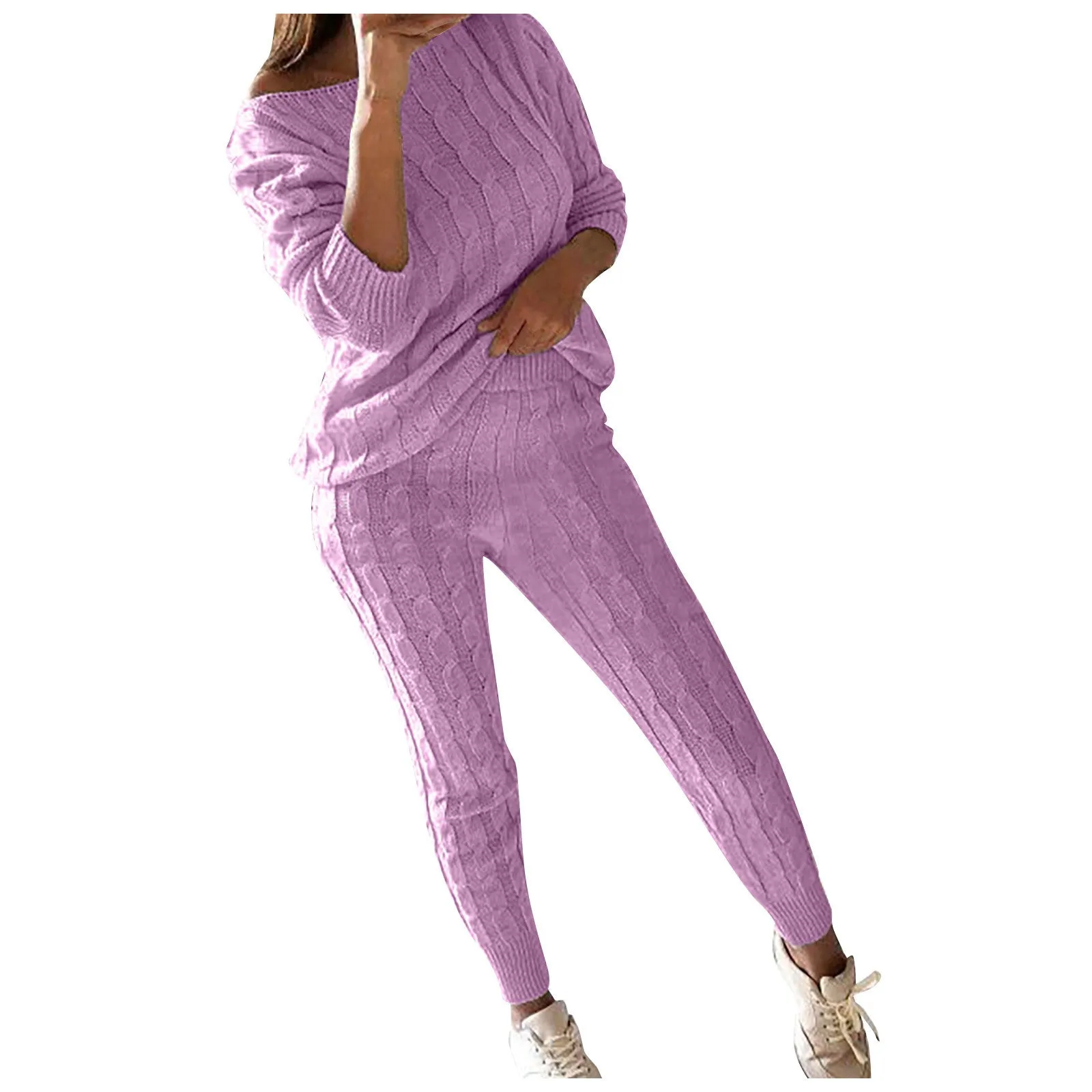 Cozy Pink Cable Knit 2pc Sweater & Leggings Set