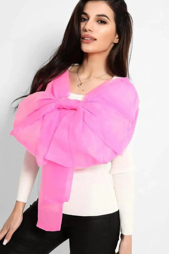 Cream Pink Large Organza Bow Rib Knit Pullover