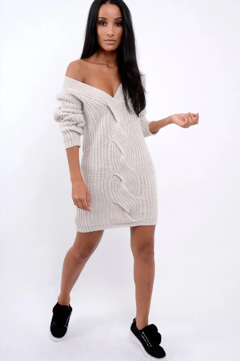 Cream V Neck Twist Knit Jumper Dress - Tilly