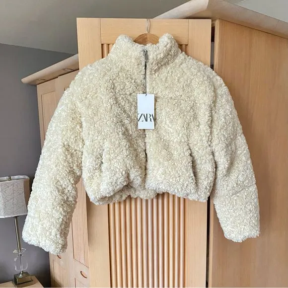 Cropped Faux Sherpa Fleece Puffer Bomber Jacket