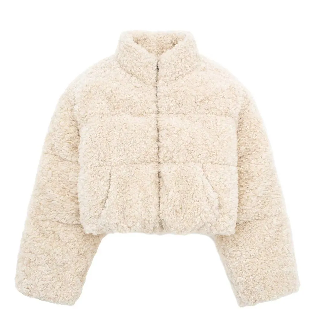 Cropped Faux Sherpa Fleece Puffer Bomber Jacket