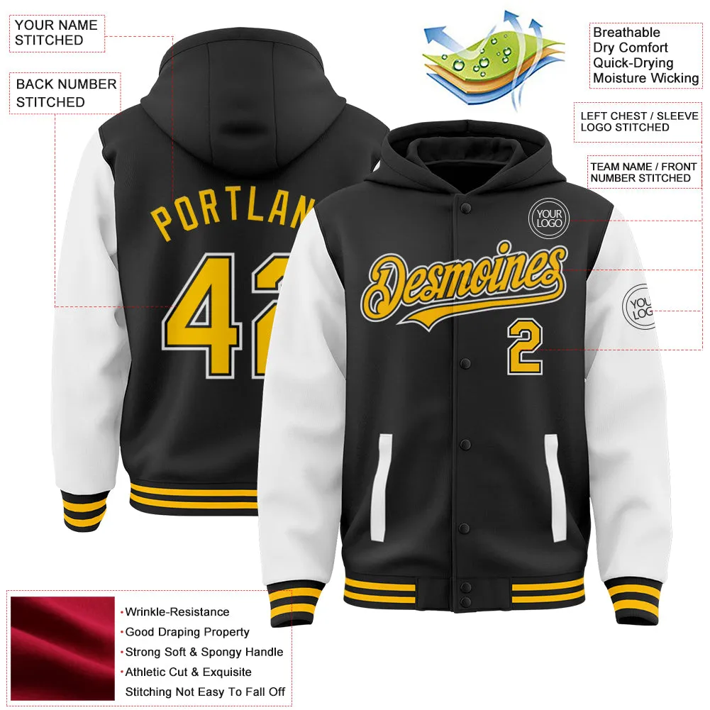 Custom Black Gold-White Bomber Full-Snap Varsity Letterman Two Tone Hoodie Jacket