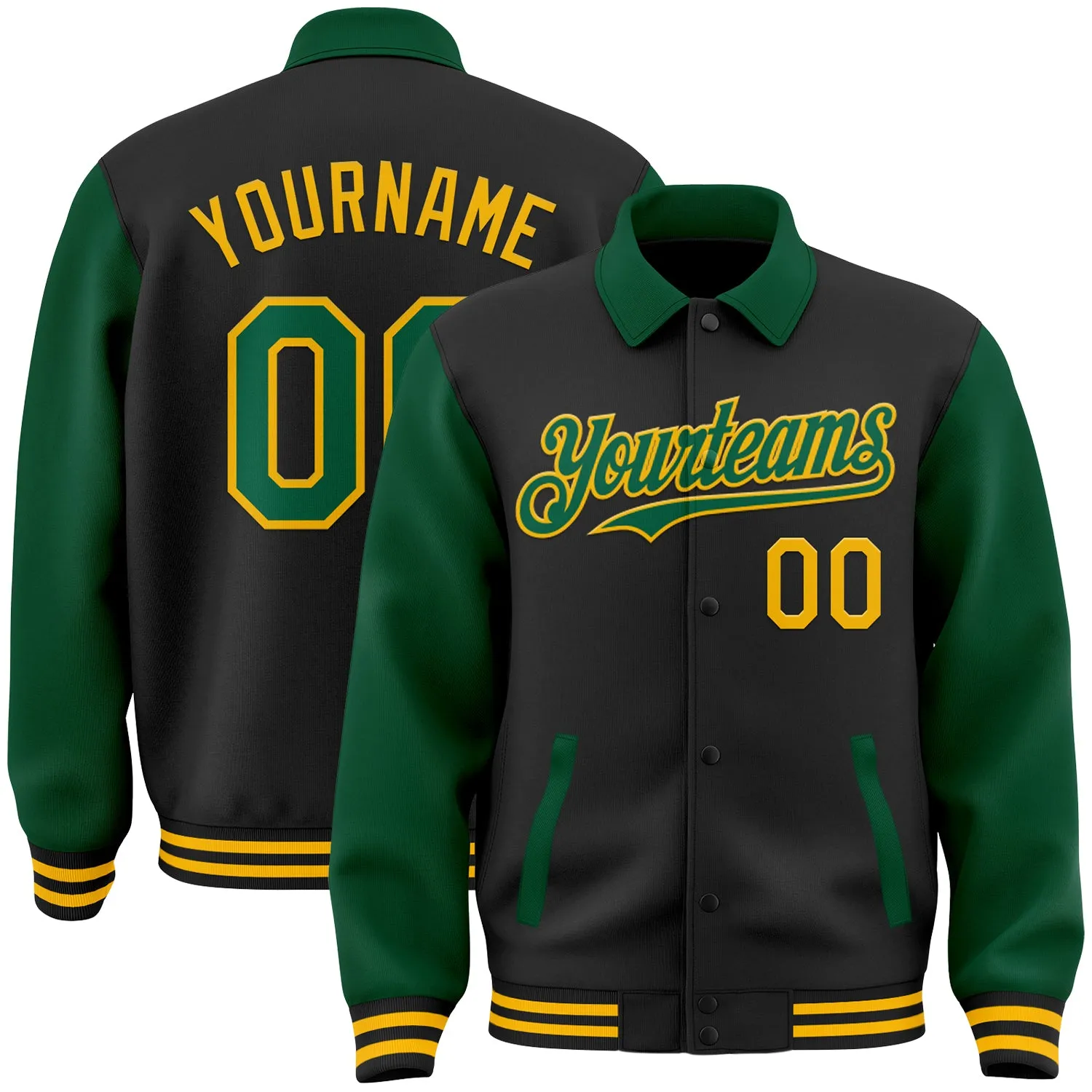 Custom Black Kelly Green-Gold Bomber Full-Snap Varsity Letterman Two Tone Lapel Collar Byron Jacket