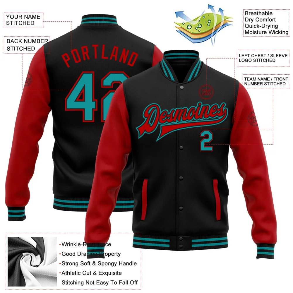 Custom Black Teal-Red Bomber Full-Snap Varsity Letterman Two Tone Jacket