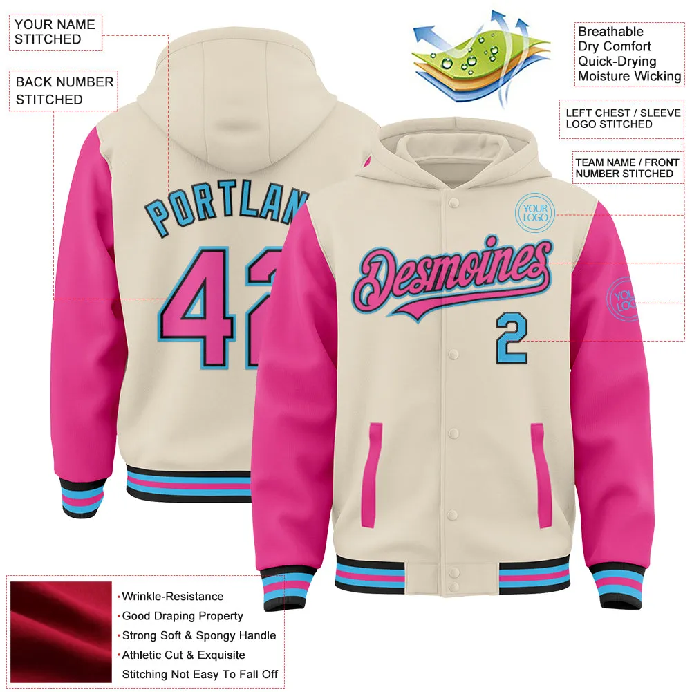 Custom Cream Pink Black-Sky Blue Bomber Full-Snap Varsity Letterman Two Tone Hoodie Jacket