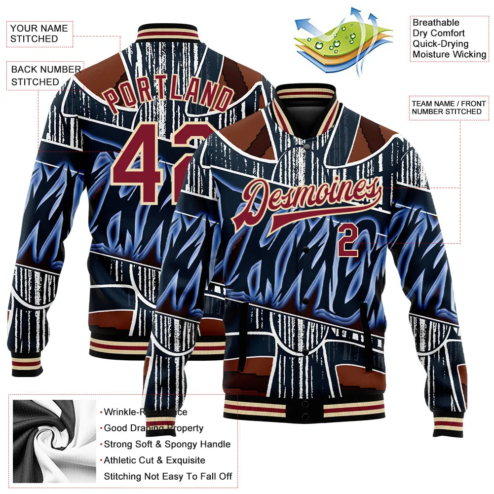 Custom Graffiti Pattern Crimson-City Cream Chrome Heart 3D Bomber Full-Snap Varsity Letterman Jacket