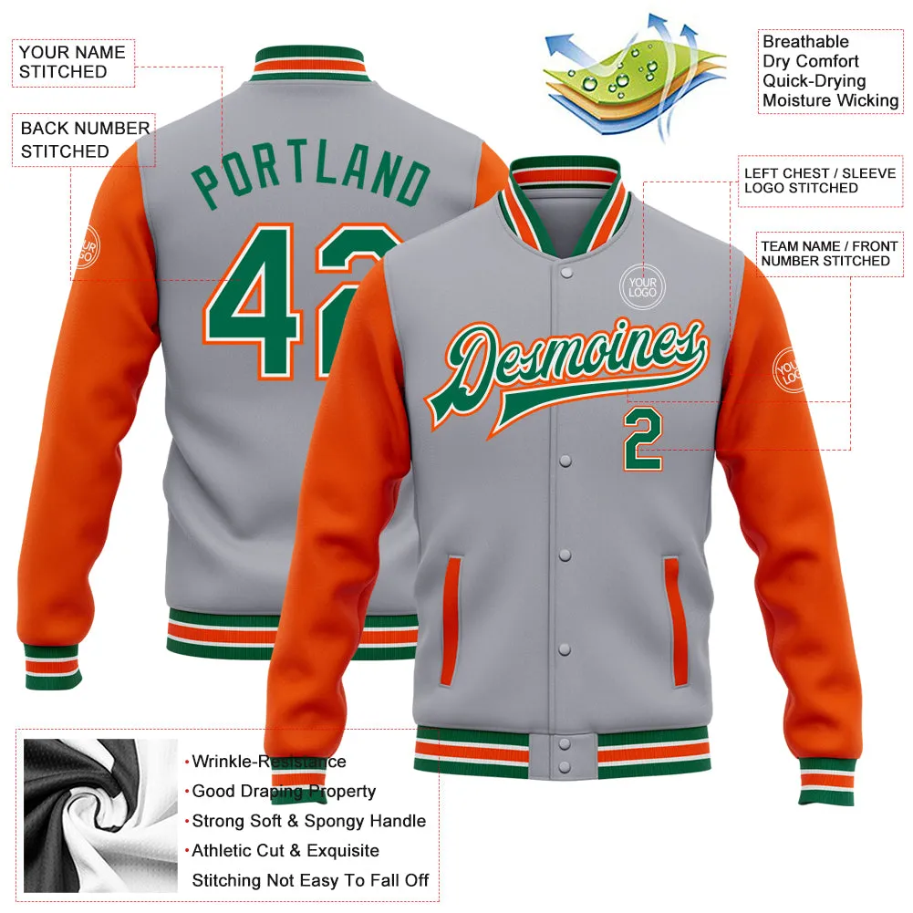 Custom Gray Kelly Green-Orange Bomber Full-Snap Varsity Letterman Two Tone Jacket