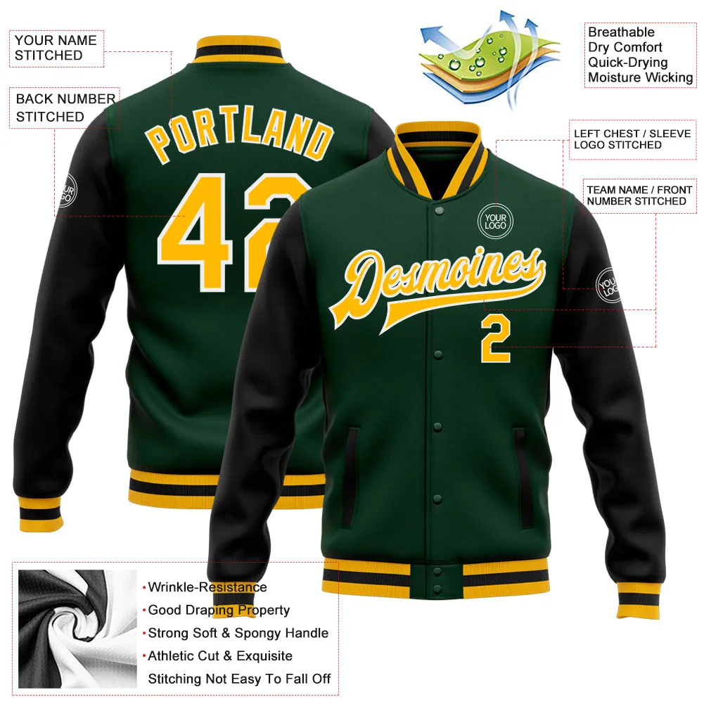 Custom Green Gold-Black Bomber Full-Snap Varsity Letterman Two Tone Jacket