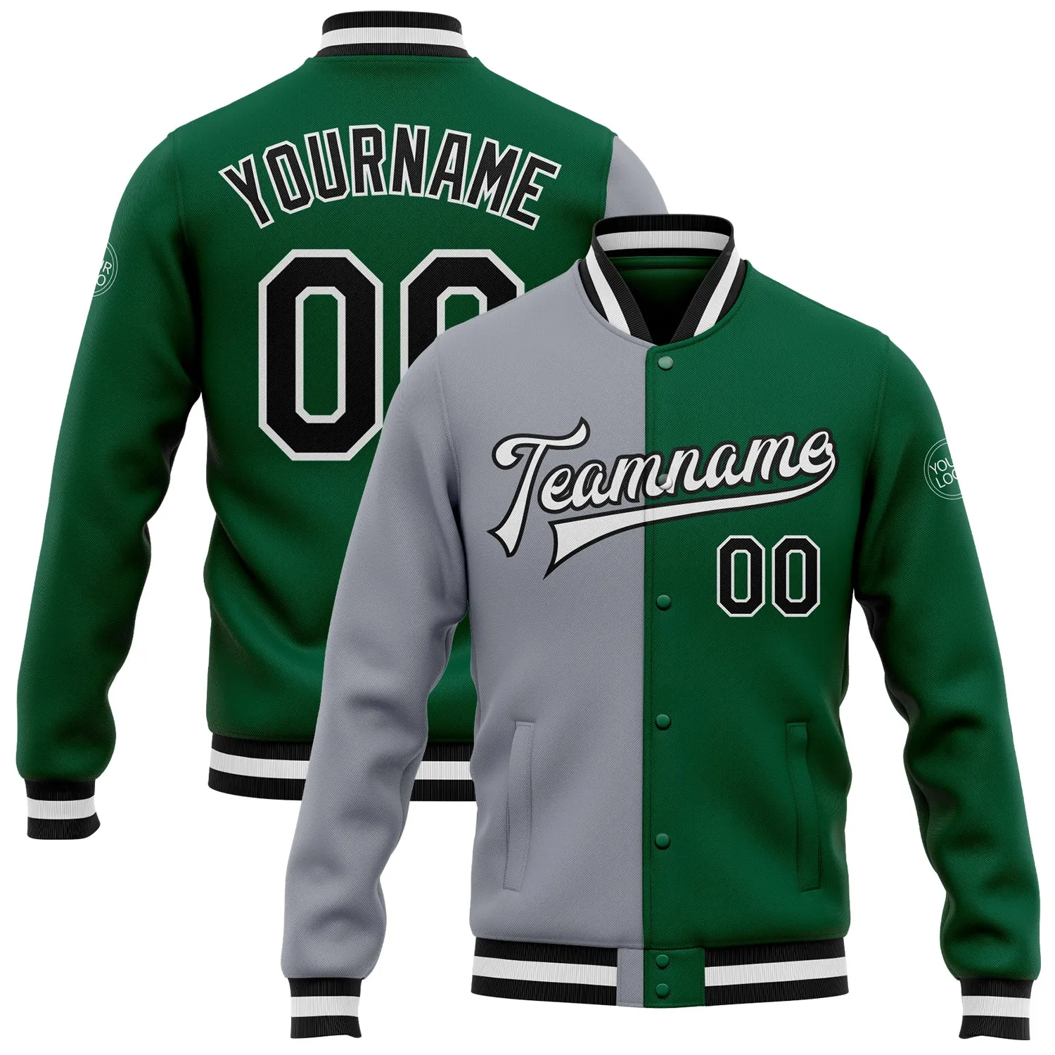 Custom Kelly Green Black-Gray Bomber Full-Snap Varsity Letterman Split Fashion Jacket