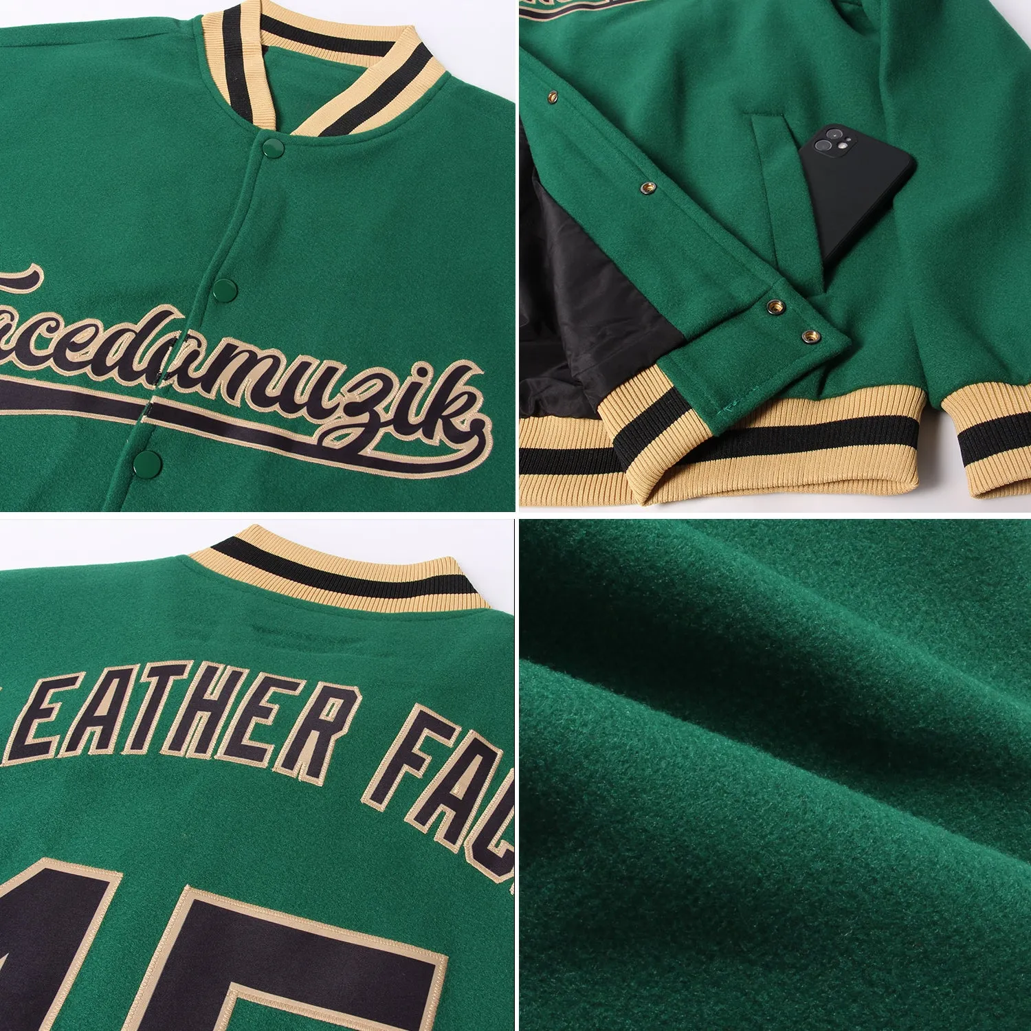 Custom Kelly Green Black-Old Gold Bomber Full-Snap Varsity Letterman Jacket