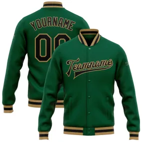 Custom Kelly Green Black-Old Gold Bomber Full-Snap Varsity Letterman Jacket