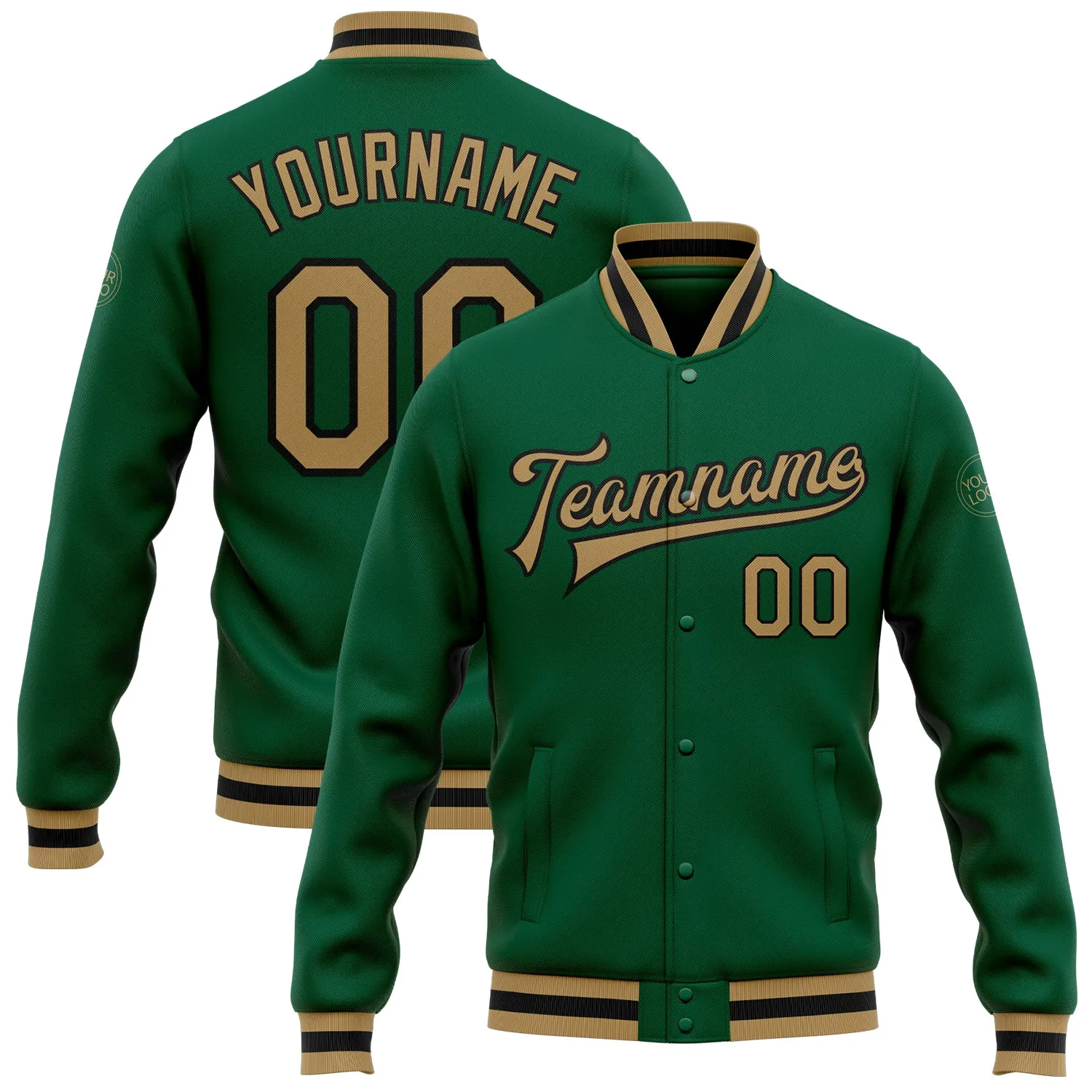 Custom Kelly Green Old Gold-Black Bomber Full-Snap Varsity Letterman Jacket