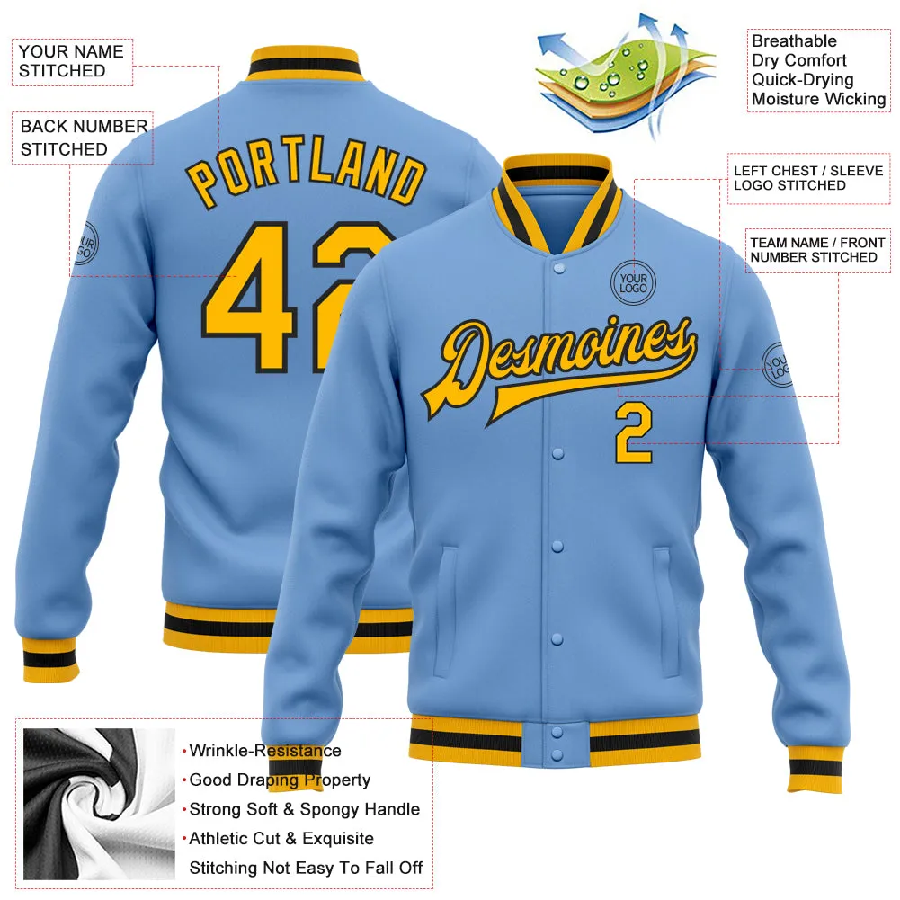 Custom Light Blue Gold-Black Bomber Full-Snap Varsity Letterman Jacket