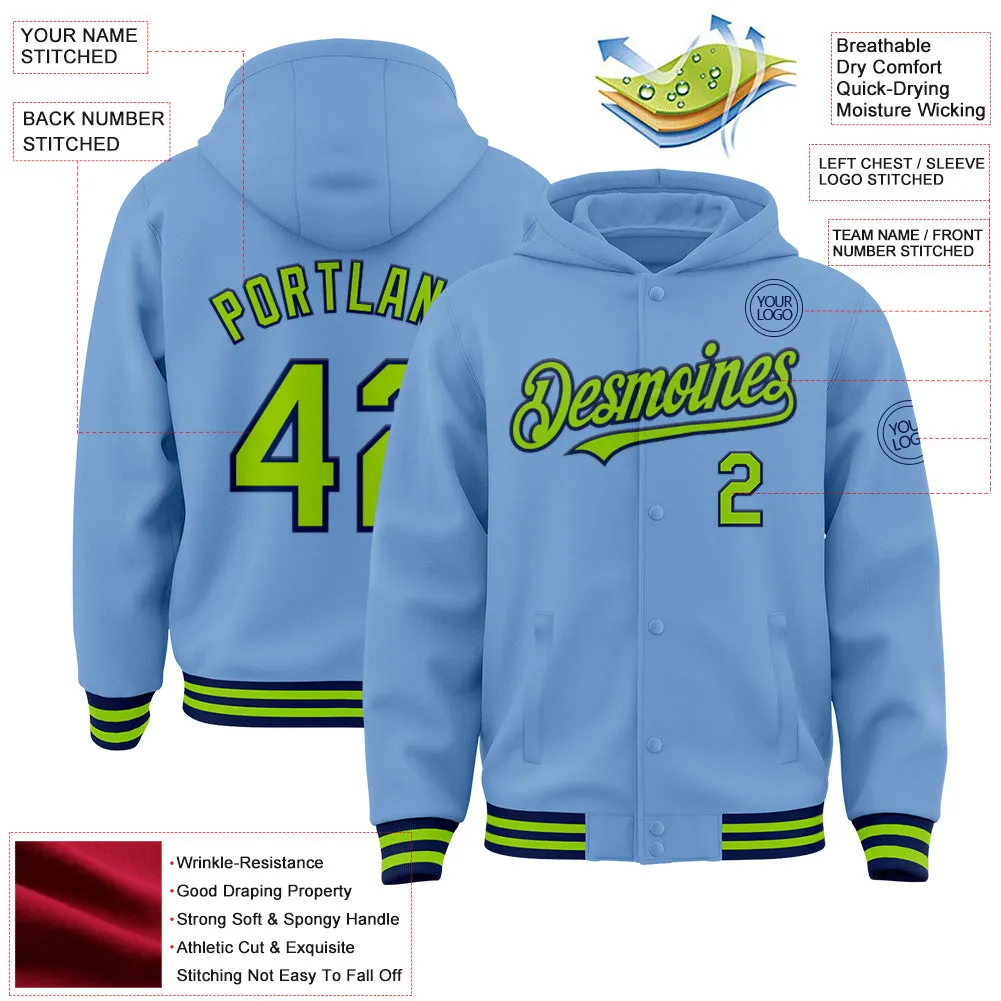 Custom Light Blue Neon Green-Navy Bomber Full-Snap Varsity Letterman Hoodie Jacket