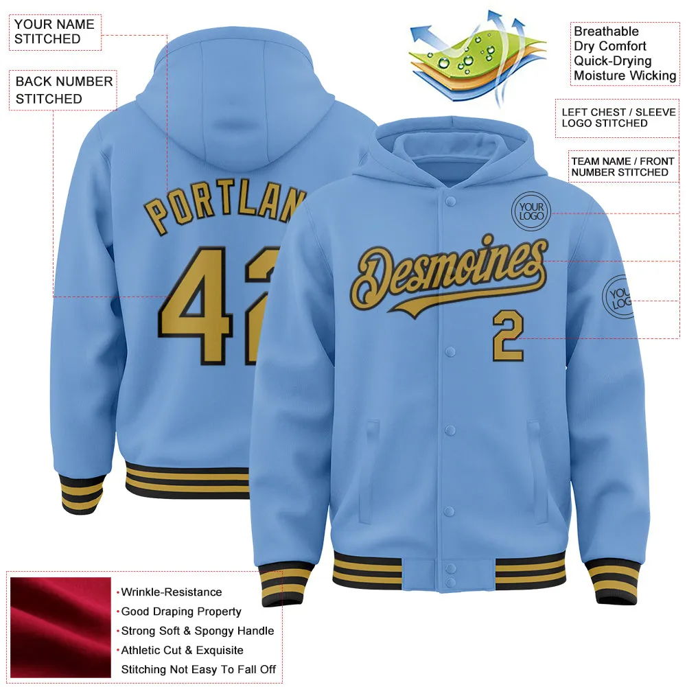 Custom Light Blue Old Gold-Black Bomber Full-Snap Varsity Letterman Hoodie Jacket