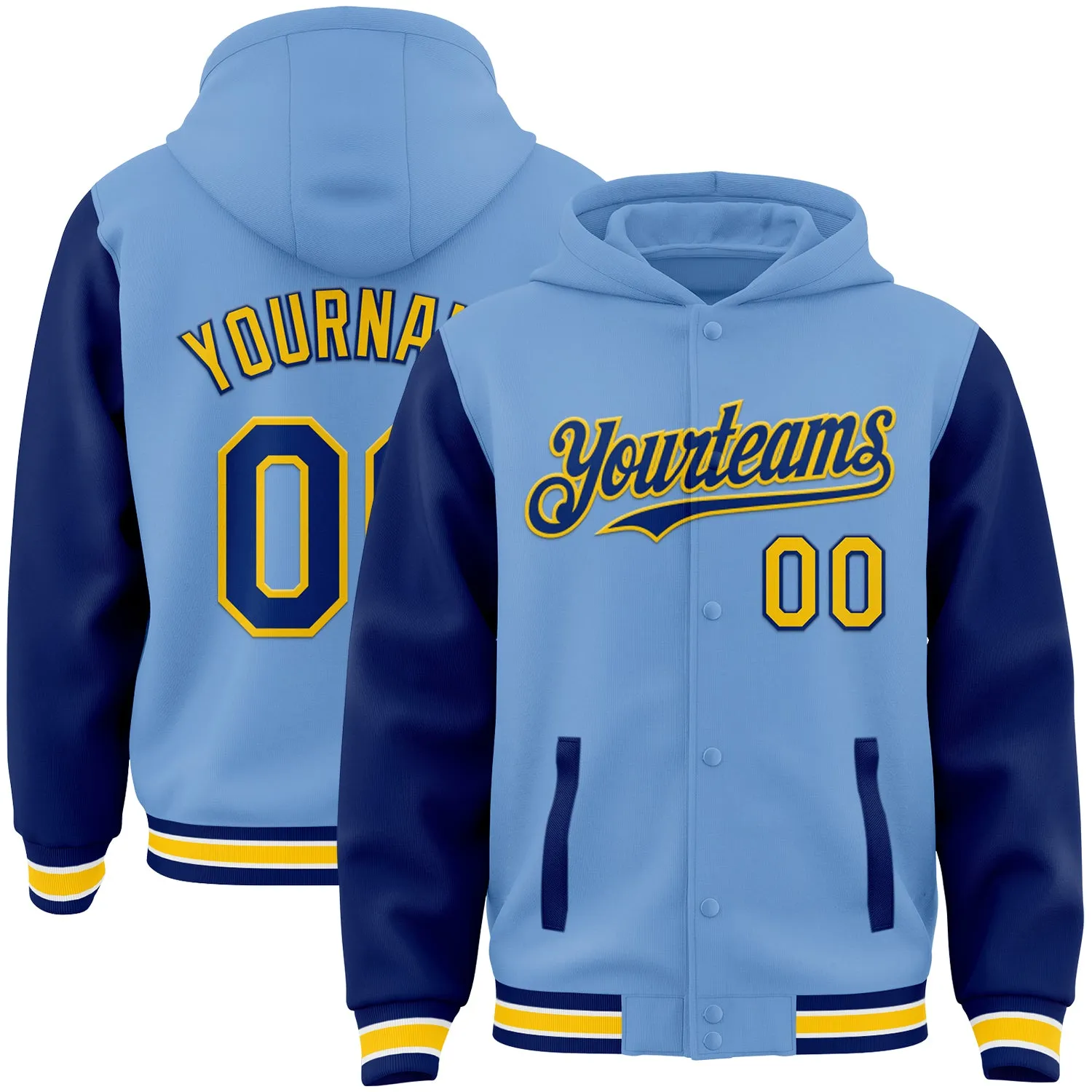 Custom Light Blue Royal-Yellow Bomber Full-Snap Varsity Letterman Two Tone Hoodie Jacket