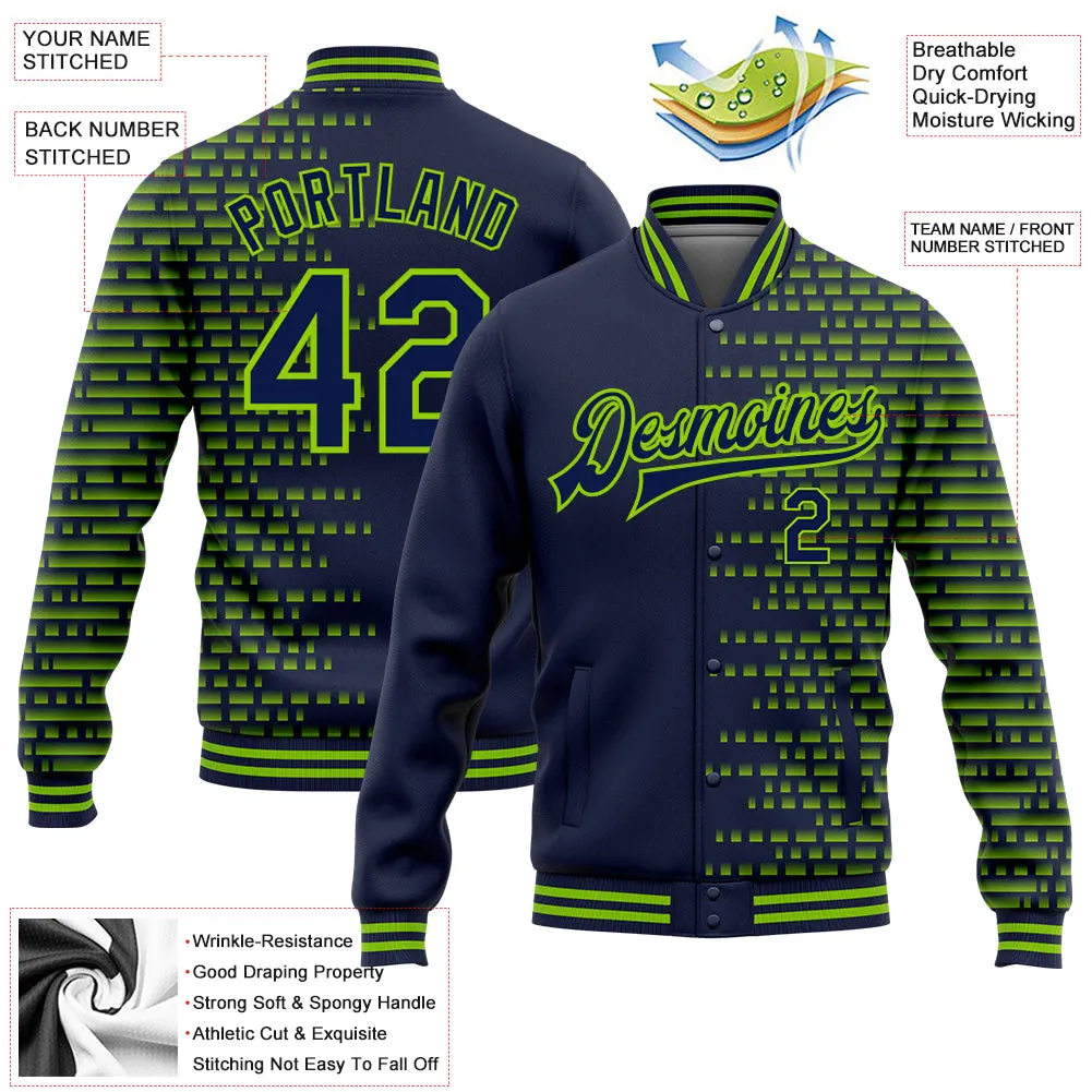 Custom Navy Neon Green Halftone 3D Pattern Design Bomber Full-Snap Varsity Letterman Jacket