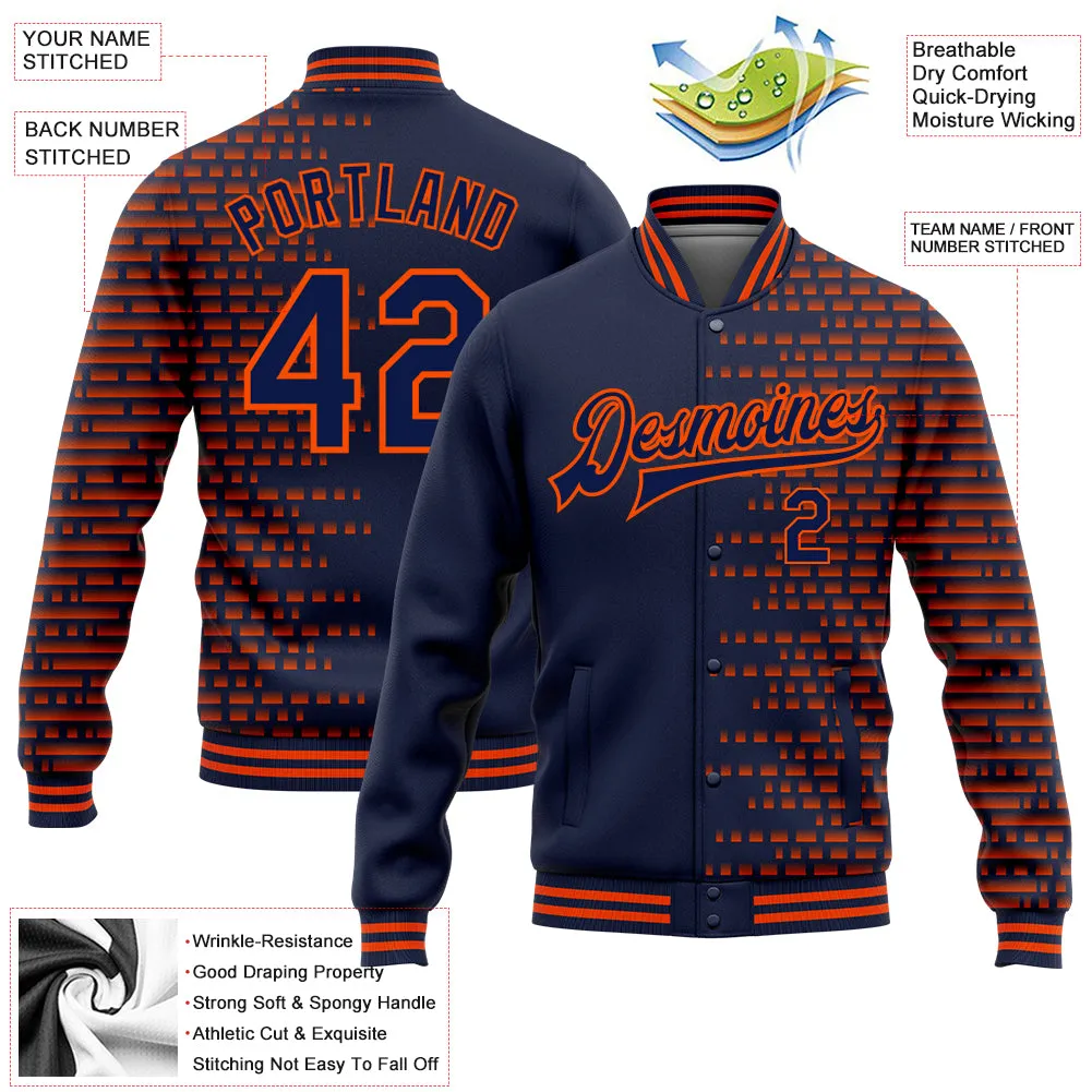 Custom Navy Orange Halftone 3D Pattern Design Bomber Full-Snap Varsity Letterman Jacket