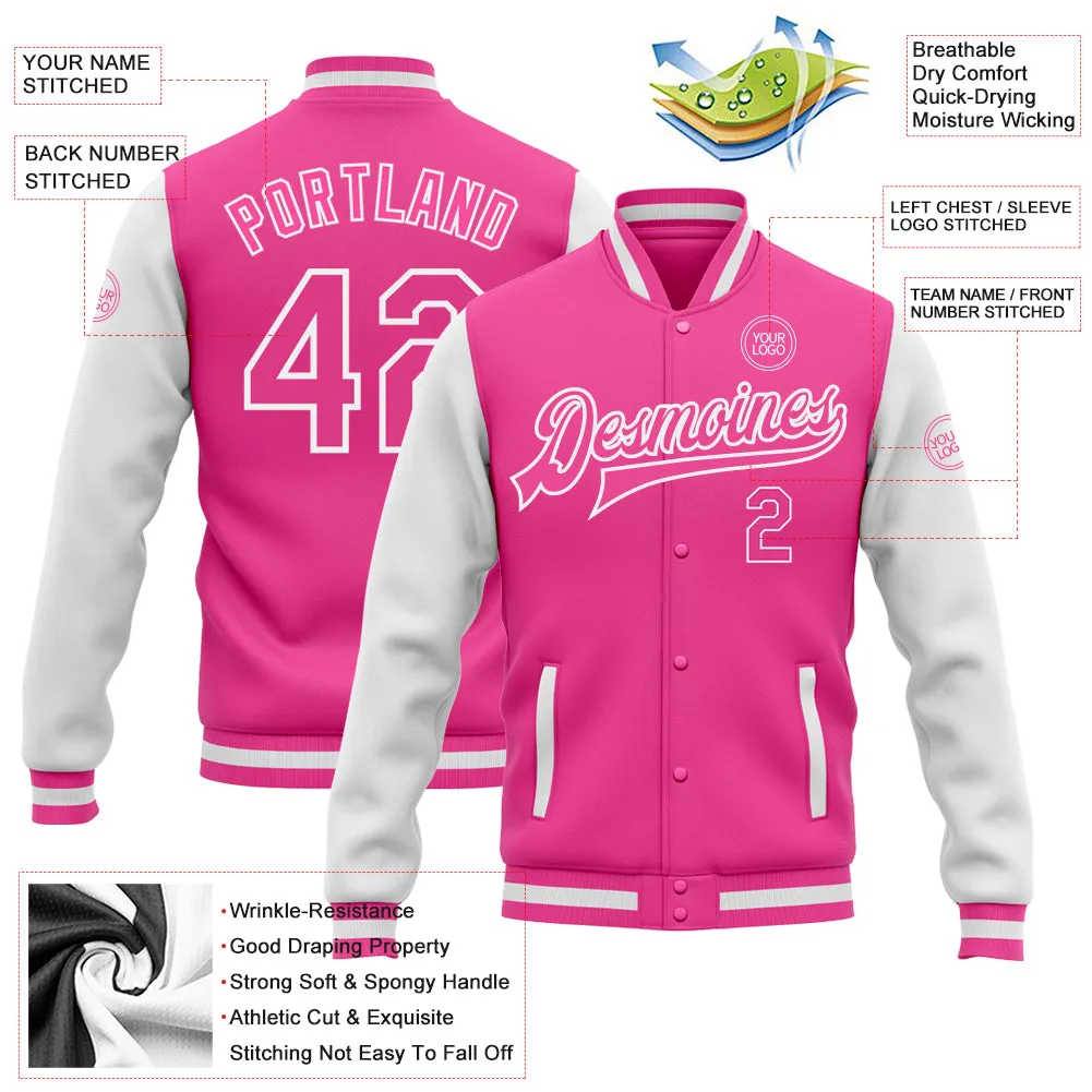 Custom Pink Pink-White Bomber Full-Snap Varsity Letterman Two Tone Jacket