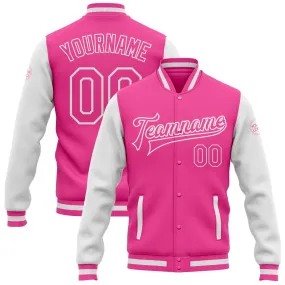 Custom Pink Pink-White Bomber Full-Snap Varsity Letterman Two Tone Jacket