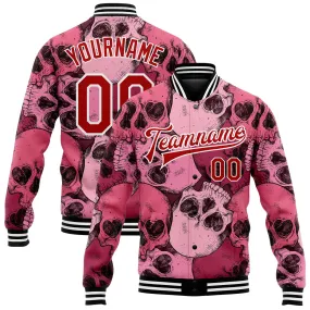 Custom Pink Red-White Skull With Heart Shaped Eyes 3D Bomber Full-Snap Varsity Letterman Jacket