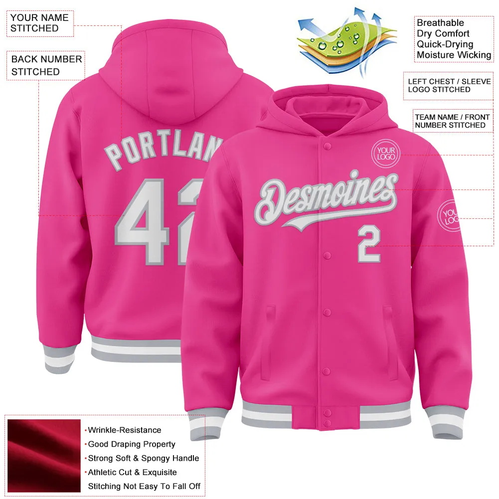 Custom Pink White-Gray Bomber Full-Snap Varsity Letterman Hoodie Jacket