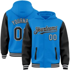 Custom Powder Blue Black-Gray Bomber Full-Snap Varsity Letterman Two Tone Hoodie Jacket