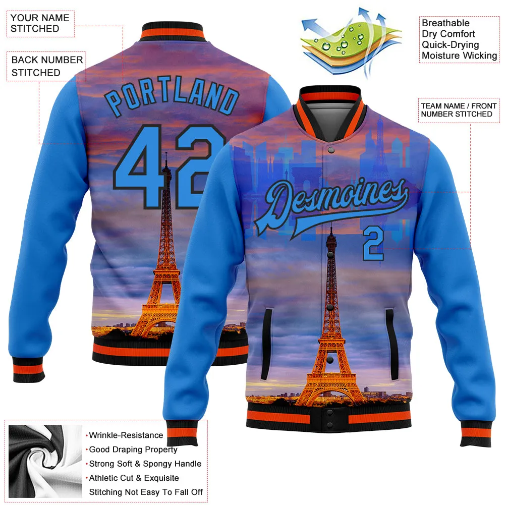 Custom Powder Blue Black-Orange Eiffel Tower Paris France City Edition 3D Bomber Full-Snap Varsity Letterman Jacket