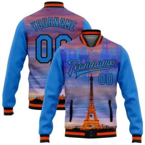 Custom Powder Blue Black-Orange Eiffel Tower Paris France City Edition 3D Bomber Full-Snap Varsity Letterman Jacket