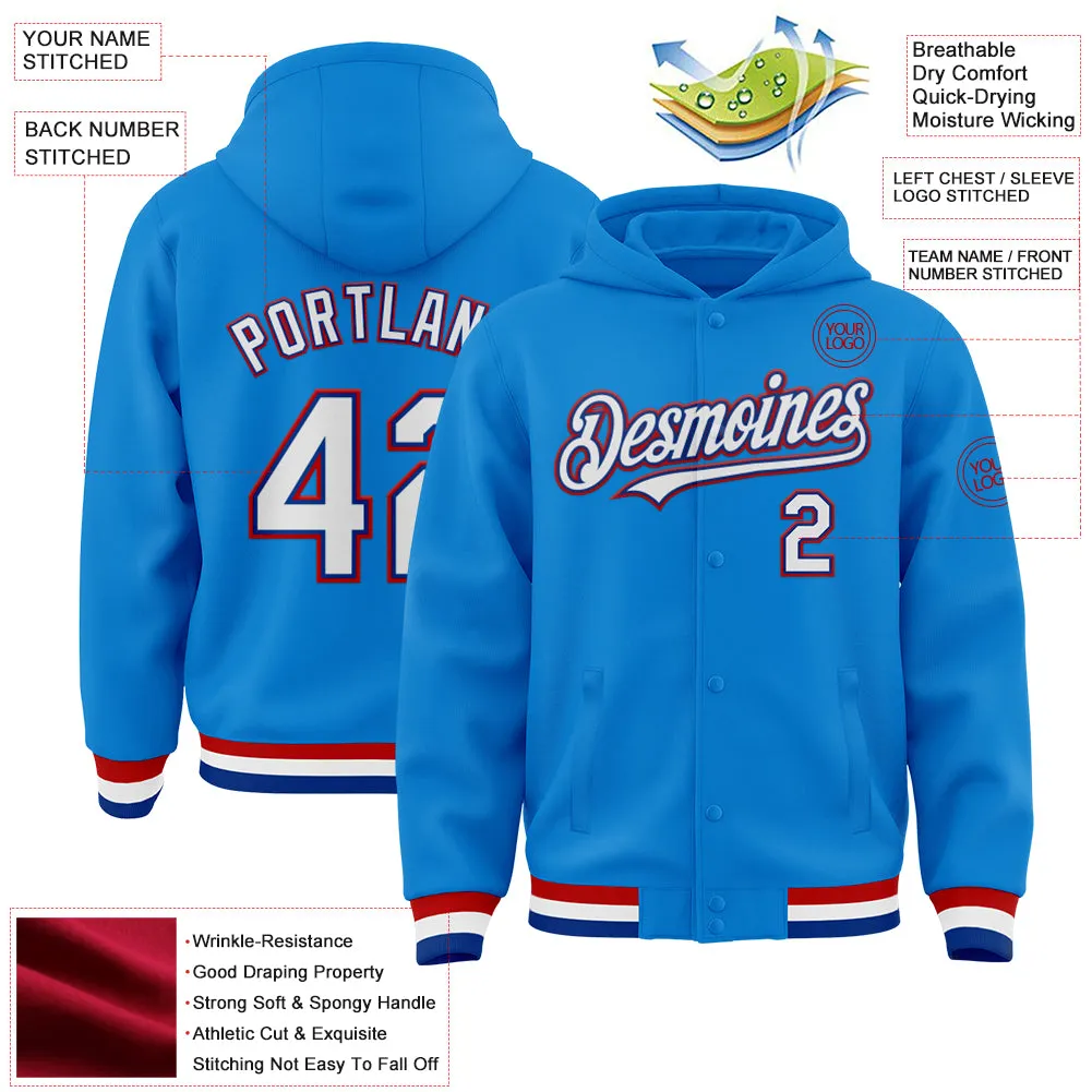 Custom Powder Blue Royal-Red Bomber Full-Snap Varsity Letterman Hoodie Jacket