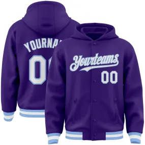 Custom Purple White-Light Blue Bomber Full-Snap Varsity Letterman Hoodie Jacket