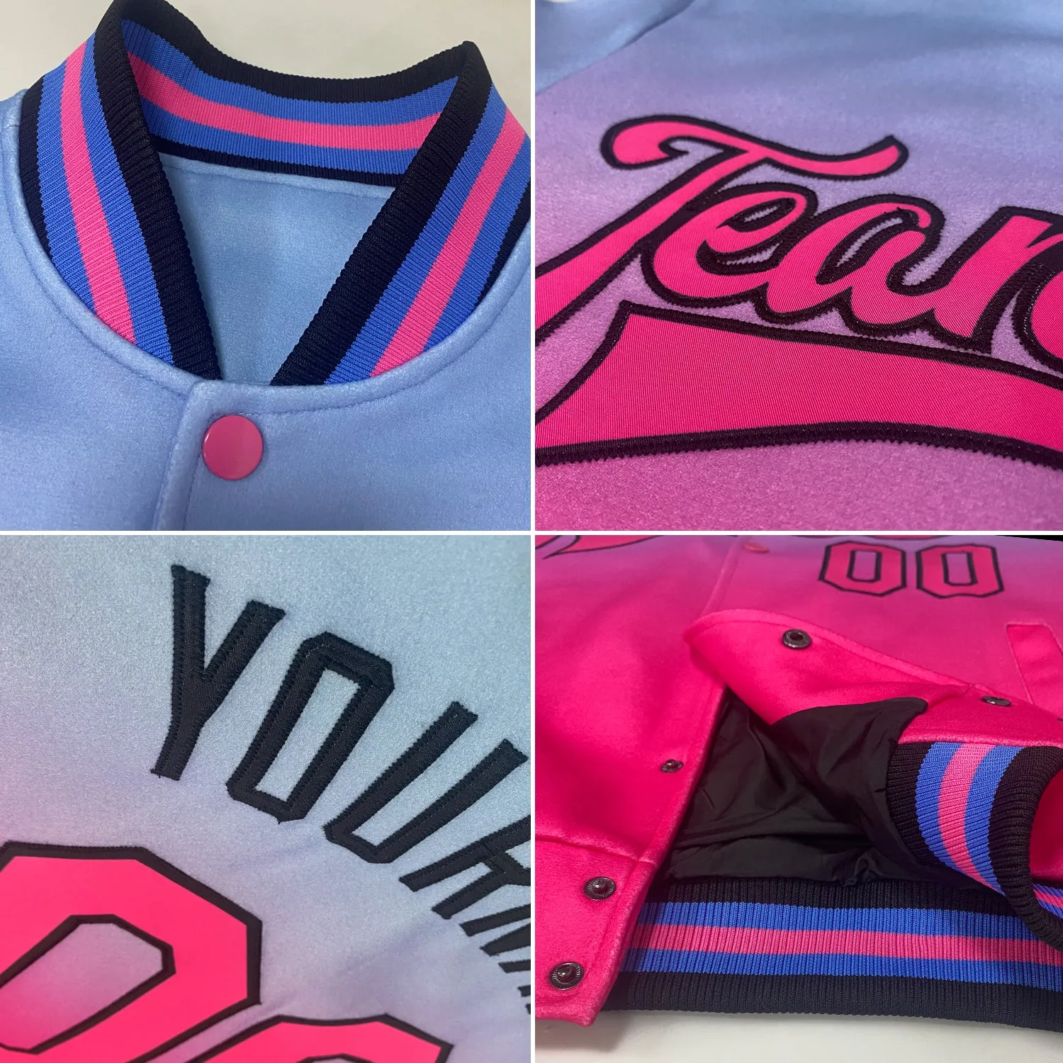 Custom Sky Blue Pink-Black Bomber Full-Snap Varsity Letterman Fade Fashion Jacket