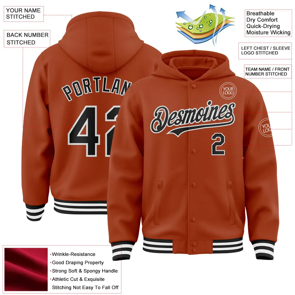 Custom Texas Orange Black-White Bomber Full-Snap Varsity Letterman Hoodie Jacket