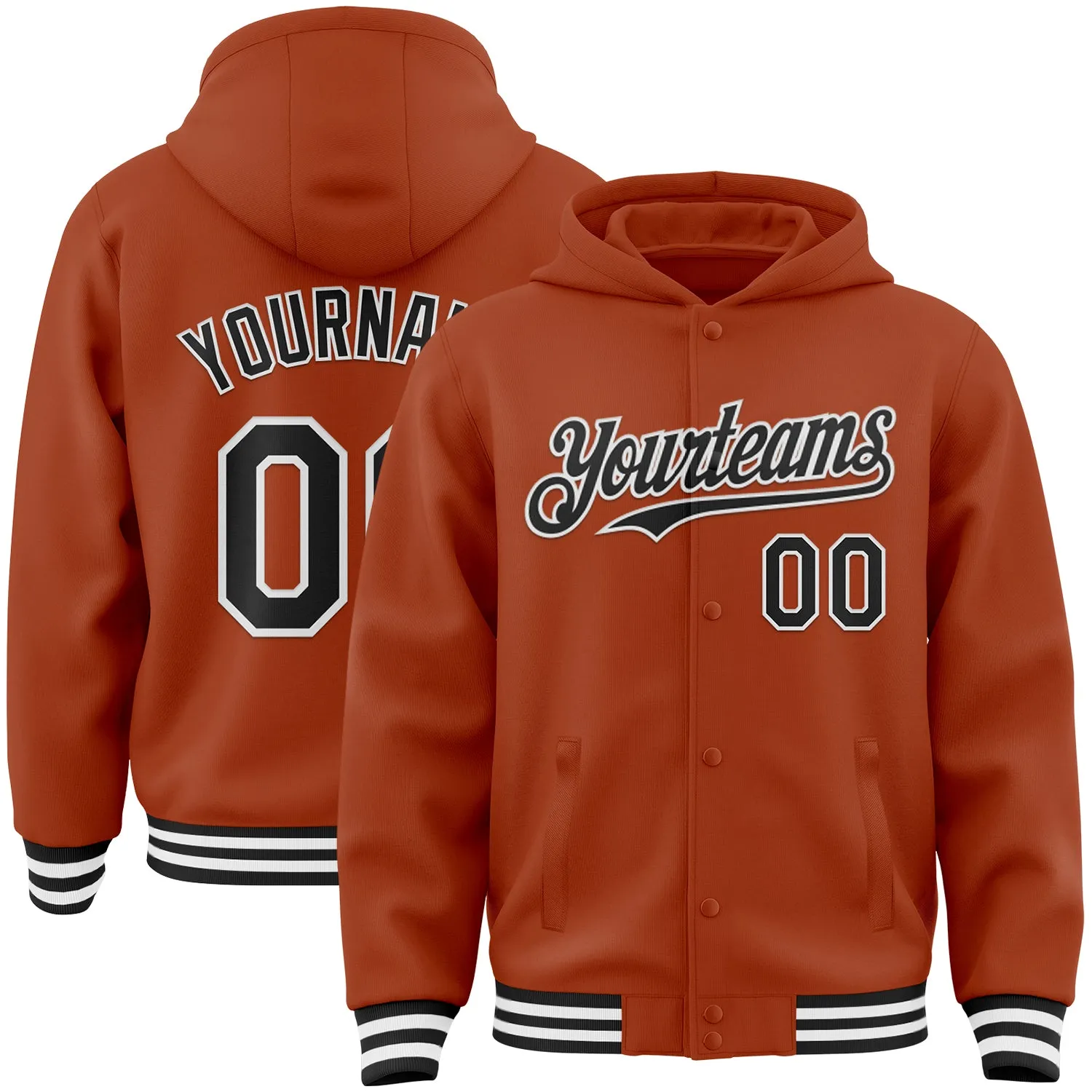 Custom Texas Orange Black-White Bomber Full-Snap Varsity Letterman Hoodie Jacket