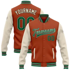 Custom Texas Orange Kelly Green Cream-Black Bomber Full-Snap Varsity Letterman Two Tone Jacket