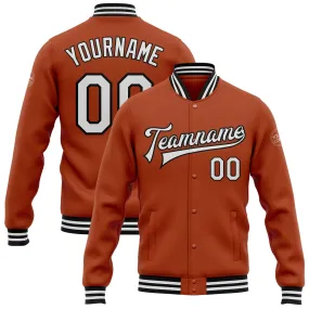 Custom Texas Orange White-Black Bomber Full-Snap Varsity Letterman Jacket